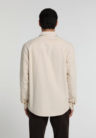 Regular Fit Shirt Neck Çizgili Erkek Bej Uzun Kol Gömlek