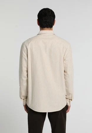 Regular Fit Shirt Neck Çizgili Erkek Bej Uzun Kol Gömlek