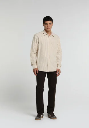Regular Fit Shirt Neck Çizgili Erkek Bej Uzun Kol Gömlek