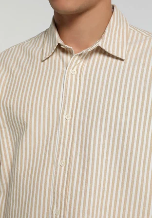 Regular Fit Shirt Neck Çizgili Erkek Bej Uzun Kol Gömlek