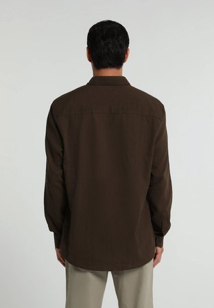 Regular Fit Shirt Neck Düz Erkek Kahverengi Uzun Kol Gömlek