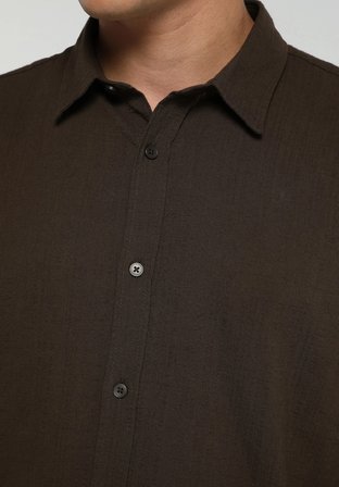 Regular Fit Shirt Neck Düz Erkek Kahverengi Uzun Kol Gömlek