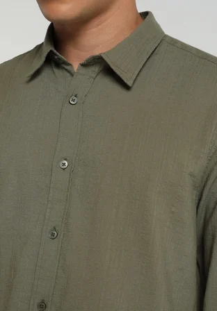 Regular Fit Shirt Neck Düz Erkek Yeşil Uzun Kol Gömlek