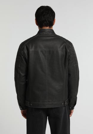 Slim Fit Dik Yaka Fermuarlı Astarlı  Erkek Siyah Mont Pu