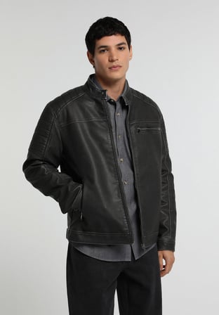 Slim Fit Dik Yaka Fermuarlı Astarlı  Erkek Siyah Mont Pu