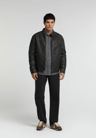 Slim Fit Dik Yaka Fermuarlı Astarlı  Erkek Siyah Mont Pu