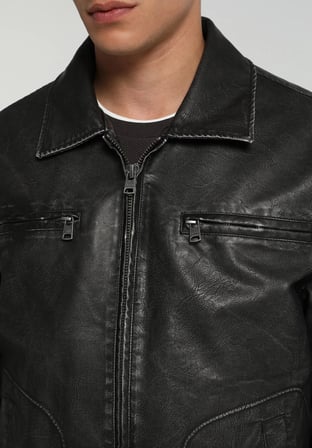 Regular Fit Shirt Neck Fermuarlı Astarlı  Erkek Siyah Mont Pu