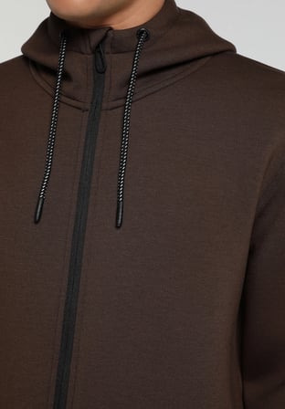 Regular Fit Kapüşonlu Düz Erkek Kahverengi Sweatshirt