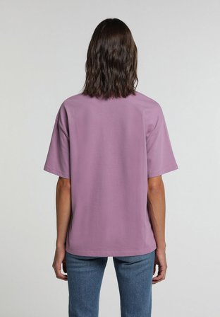 Oversize Fit Yuvarlak Yaka Baskılı Kadın Mor Kısa Kol Tişört