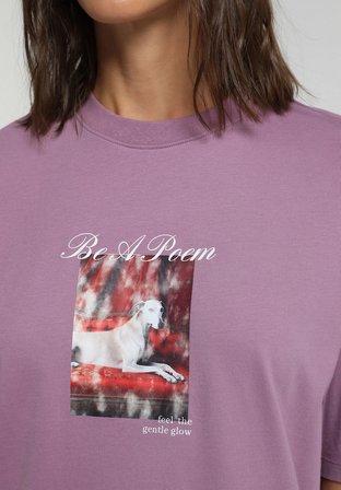 Oversize Fit Yuvarlak Yaka Baskılı Kadın Mor Kısa Kol Tişört