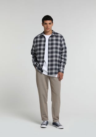 Regular Fit Shirt Neck Ekoseli Erkek Lacivert Uzun Kol Gömlek