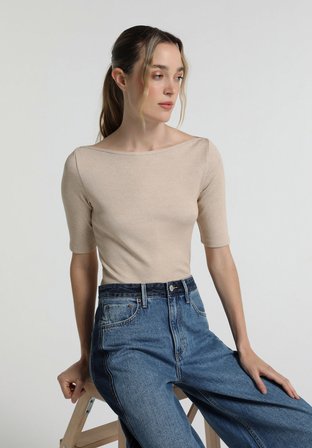Slim Fit   Kadın Bej  Tişört