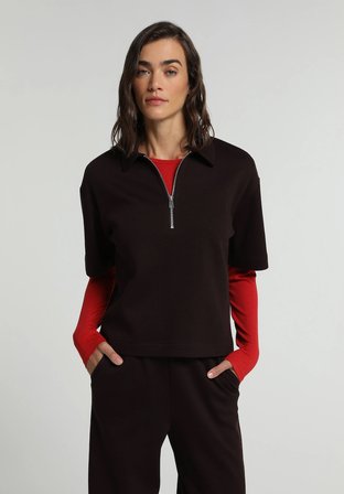 Regular Fit Polo Yaka Düz Kadın Mor Kısa Kol Tişört