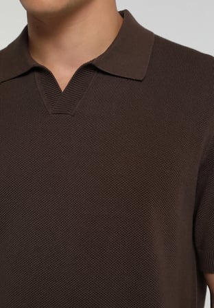 Regular Fit Polo Yaka Düz Erkek Açik Kahverengi Kısa Kol Kazak