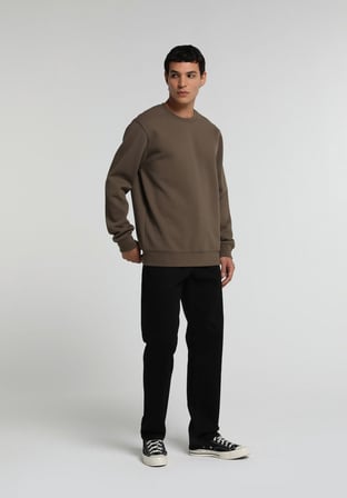 Regular Fit Yuvarlak Yaka Düz Erkek Kahverengi Sweatshirt