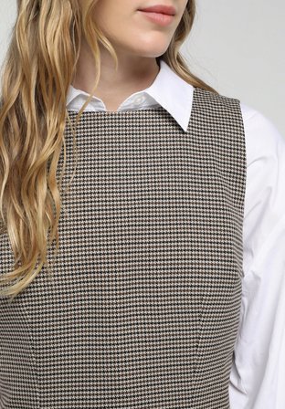 Slim Fit Ekoseli Kadın Kahverengi Kolsuz Elbise