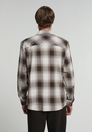 Regular Fit Shirt Neck Ekoseli Erkek Kahverengi Uzun Kol Gömlek