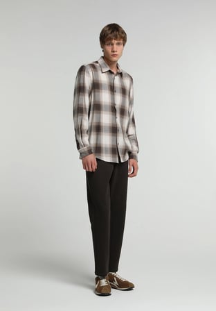 Regular Fit Shirt Neck Ekoseli Erkek Kahverengi Uzun Kol Gömlek