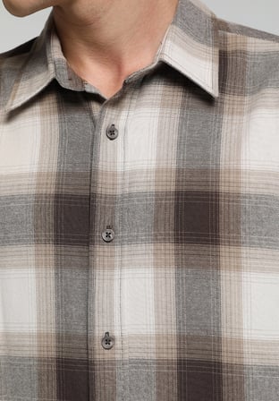 Regular Fit Shirt Neck Ekoseli Erkek Kahverengi Uzun Kol Gömlek