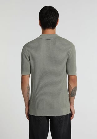 Regular Fit Polo Yaka Jakarlı Erkek Yeşil Kısa Kol Kazak
