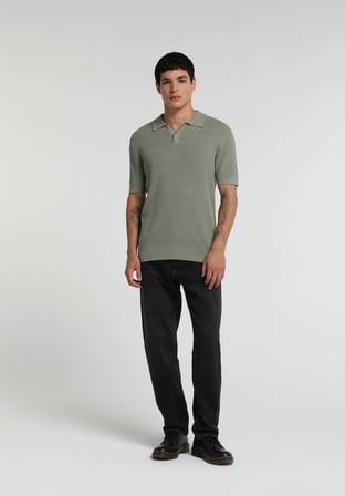 Regular Fit Polo Yaka Jakarlı Erkek Yeşil Kısa Kol Kazak