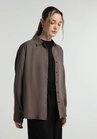 Boyfriend Fit Shirt Neck Düz Kadın Kahverengi Uzun Kol Gömlek
