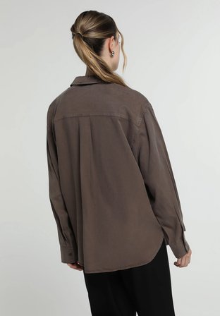 Boyfriend Fit Shirt Neck Düz Kadın Kahverengi Uzun Kol Gömlek