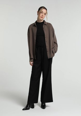 Boyfriend Fit Shirt Neck Düz Kadın Kahverengi Uzun Kol Gömlek
