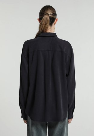 Boyfriend Fit Shirt Neck Düz Kadın Lacivert Uzun Kol Gömlek