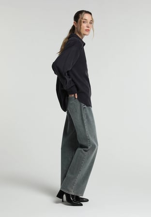 Boyfriend Fit Shirt Neck Düz Kadın Lacivert Uzun Kol Gömlek