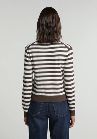 Slim Fit Yuvarlak Yaka Çizgili Kadın Kahverengi Hırka