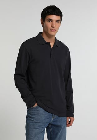 Regular Fit Polo Yaka Düz Erkek Lacivert Uzun Kol Tişört