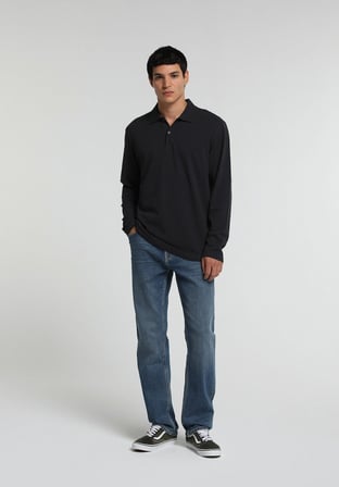 Regular Fit Polo Yaka Düz Erkek Lacivert Uzun Kol Tişört
