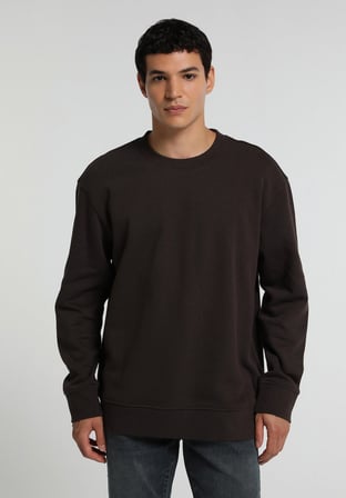 Relaxed Fit Yuvarlak Yaka Düz Erkek Kahverengi Sweatshirt