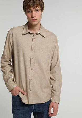 Regular Fit Shirt Neck Düz Erkek Bej Uzun Kol Gömlek