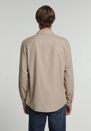 Regular Fit Shirt Neck Düz Erkek Bej Uzun Kol Gömlek