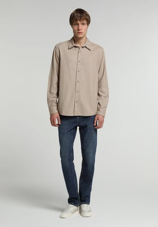 Regular Fit Shirt Neck Düz Erkek Bej Uzun Kol Gömlek