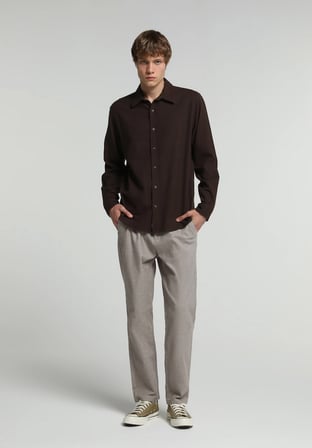 Regular Fit Shirt Neck Düz Erkek Kahverengi Uzun Kol Gömlek