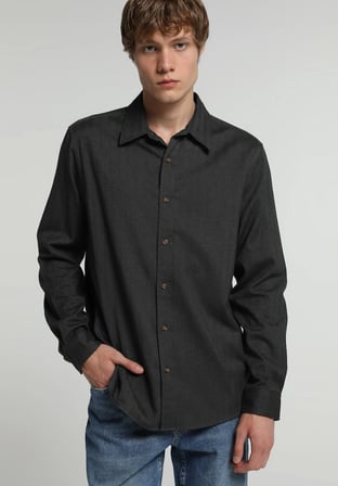 Regular Fit Shirt Neck Düz Erkek Yeşil Uzun Kol Gömlek