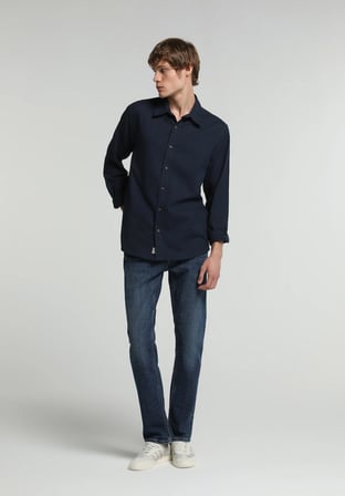 Regular Fit Shirt Neck Düz Erkek Lacivert Uzun Kol Gömlek