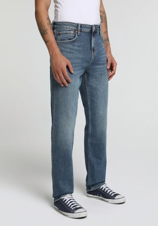 Straight Fit   Erkek Mid İndigo Denim Jean Pantolon