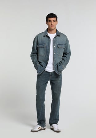 Relaxed Straight Fit   Erkek Mid İndigo Denim Jean Pantolon