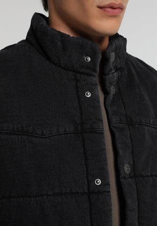 Regular Fit Dik Yaka Çıtçıtlı Astarlı  Erkek Black Denim Yelek