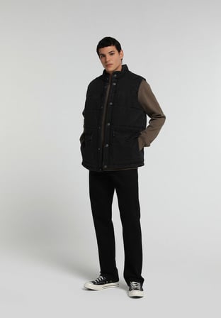 Regular Fit Dik Yaka Çıtçıtlı Astarlı  Erkek Black Denim Yelek
