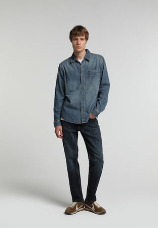 Regular Fit Klasik Yaka Düz Erkek Mid İndigo Denim Uzun Kol Gömlek