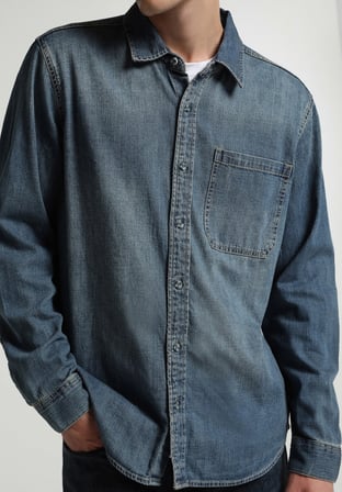 Regular Fit Klasik Yaka Düz Erkek Mid İndigo Denim Uzun Kol Gömlek