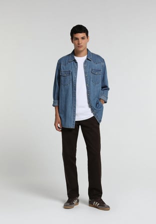Regular Fit Klasik Yaka Düz Erkek Mid İndigo Denim Uzun Kol Gömlek