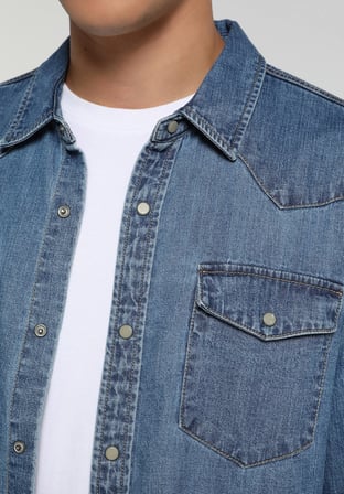 Regular Fit Klasik Yaka Düz Erkek Mid İndigo Denim Uzun Kol Gömlek