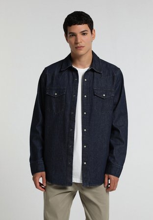 Regular Fit Klasik Yaka Düz Erkek Dark İndigo Denim Uzun Kol Gömlek