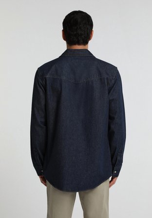 Regular Fit Klasik Yaka Düz Erkek Dark İndigo Denim Uzun Kol Gömlek